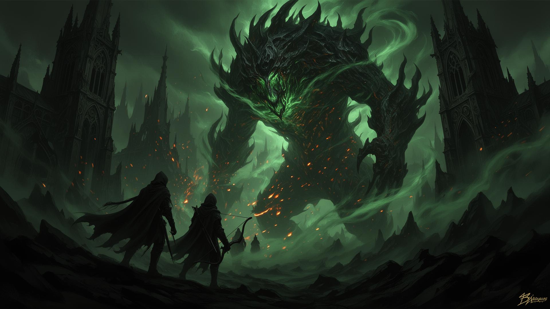 Hunters facing a colossal emerald beast among gothic spires