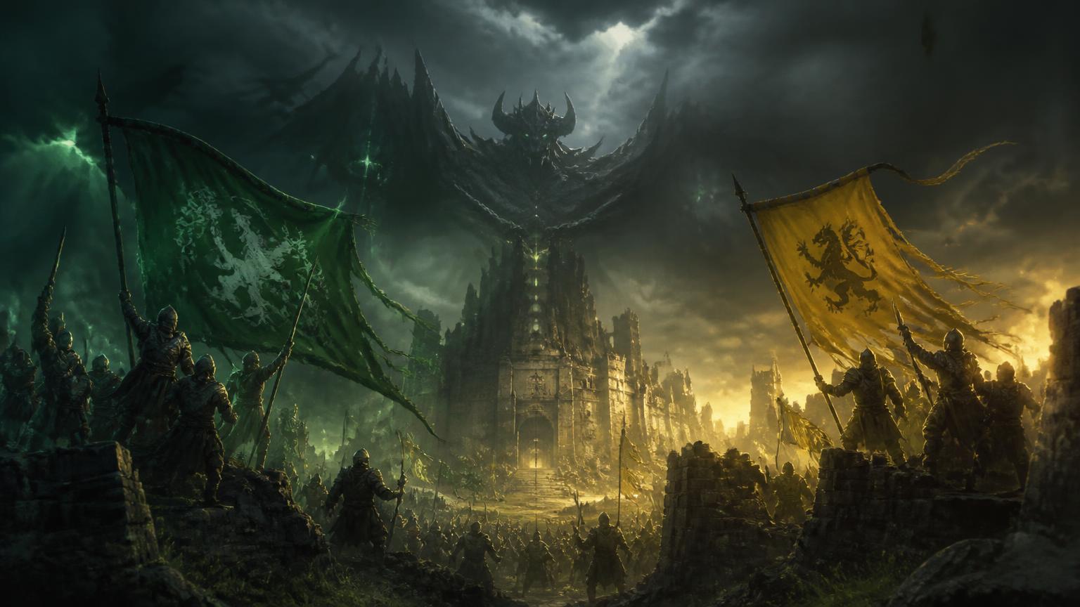 Rival guild banners clashing beneath a colossal boss silhouette over a ruined citadel