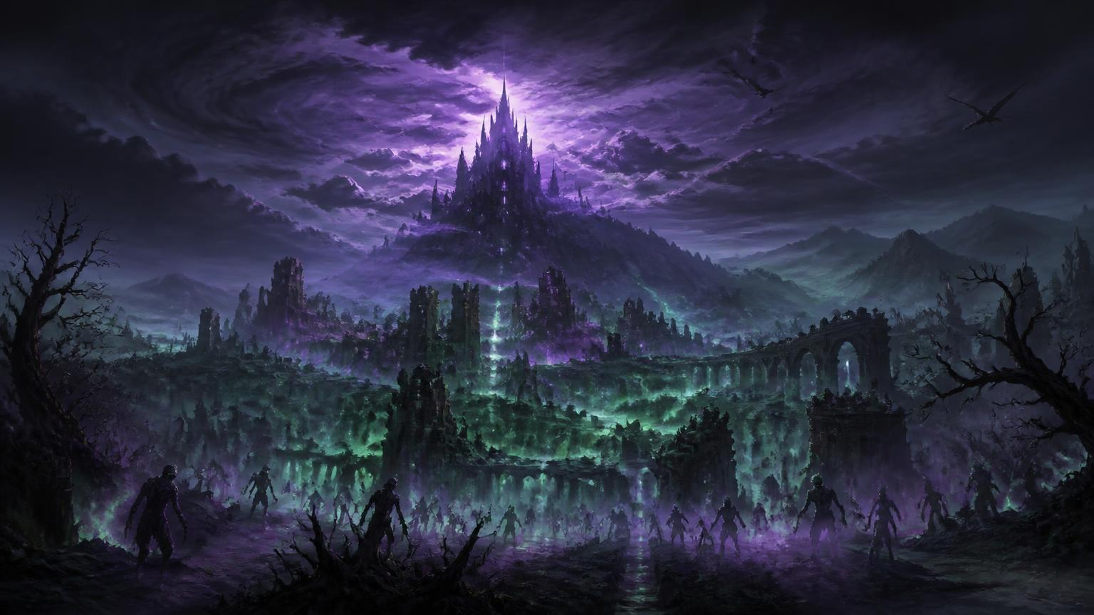 A ruined kingdom swallowed by purple and green plague mist with undead rising