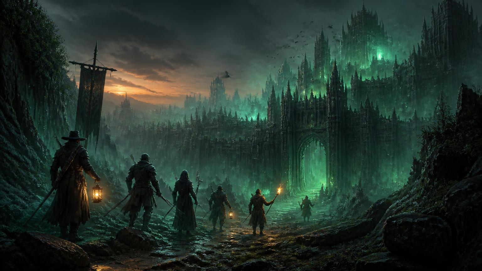 A band of hunters with lanterns approaching the gates of a ruined kingdom
